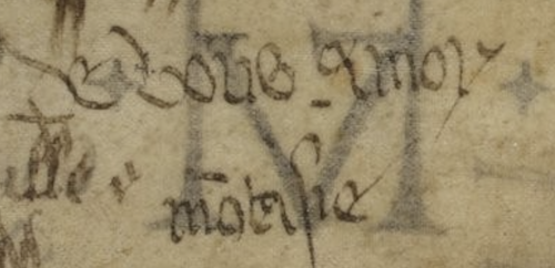 Le mot DE VOUS AMOY&nbsp;dans les signatures du Liber amicorum des premiers folios du Chartier de Marie de Cl&egrave;ves. Paris, Bnf, Ms. fr. 20026, fol. 2.