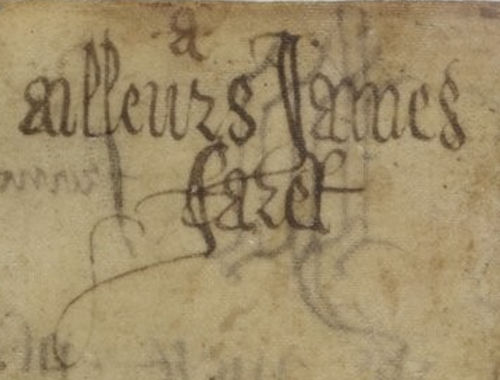 Signatures du liber amicorum des premiers folios du Chartier de Marie de Cl&egrave;ves. Paris, Bnf, Ms. fr. 20026, fol. 1v.