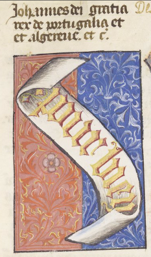 Mot, devise et couleurs de Jean Ier d'Avis dans le De ministerio Armorum (Manchester, University Library, Ms. 28, fol. 81, vers 1416)
