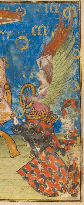 Les armes d'Antoine de la Sale&nbsp;(Paradis de la Reine Sibylle&nbsp;d&rsquo;Antoine de La Sale, Chantilly, Mus&eacute;e Cond&eacute;, Ms. 653, fol. 2)