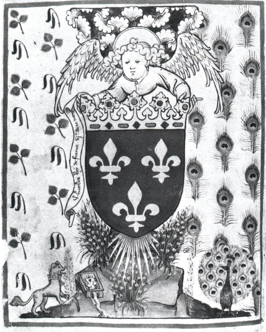 Armes et devises de Charles VI, folio d'introduction de l'Armorial de la Cour amoureuse, Vienne, Tr&eacute;sor de l'ordre de la Toison d'or.