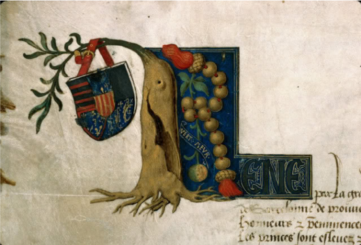 Lettrine aux armes et devise de Ren&eacute; d'Anjou