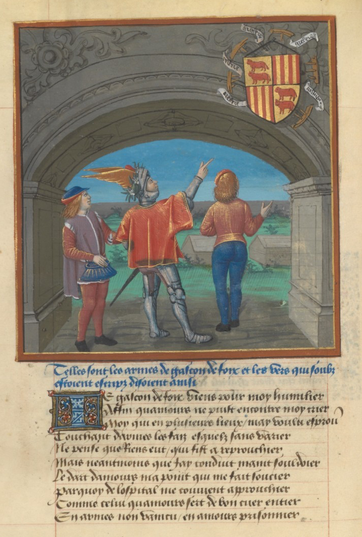Coeur commentant les armes et la devise de Gaston de Foix&nbsp;: une roue bris&eacute;e et le mot A REFAIRE, vers 1460 (Ren&eacute; d&rsquo;Anjou, Livre du Coeur d&rsquo;Amour &eacute;pris, Paris, Bnf, Ms. Fr. 24399, fol. 89)