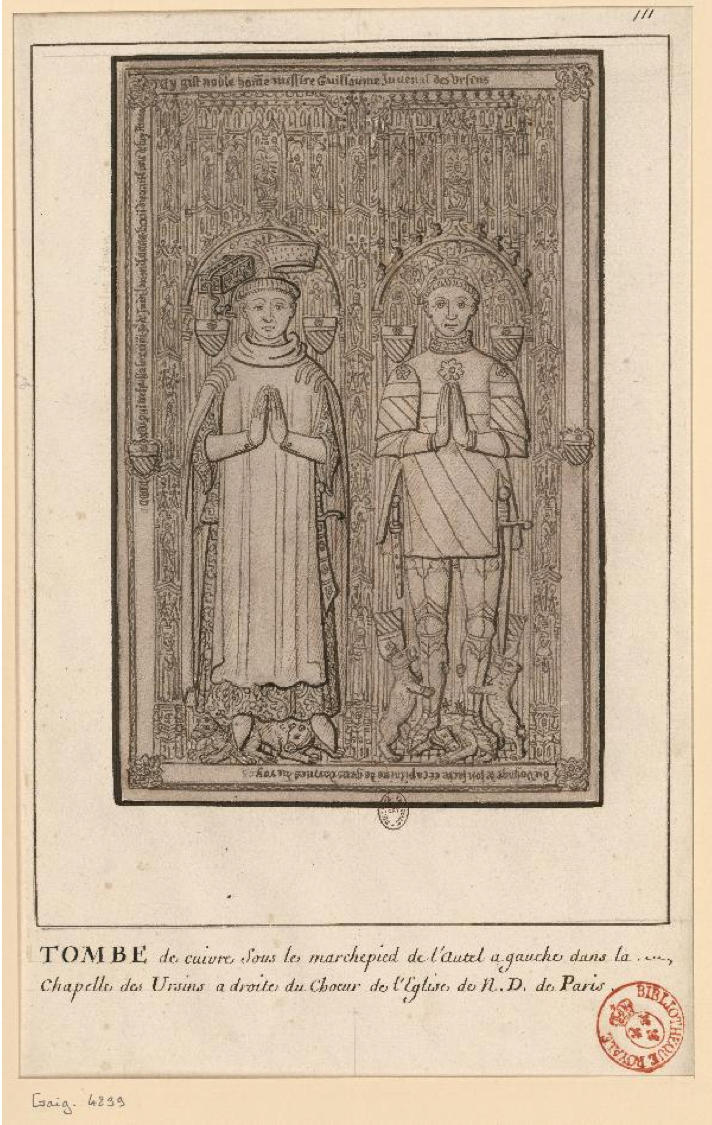 Pierre tombale de Guillaume Jouvenel, plate tombe à double représentation dans la chapelle des Ursin à Notre-Dame de Paris