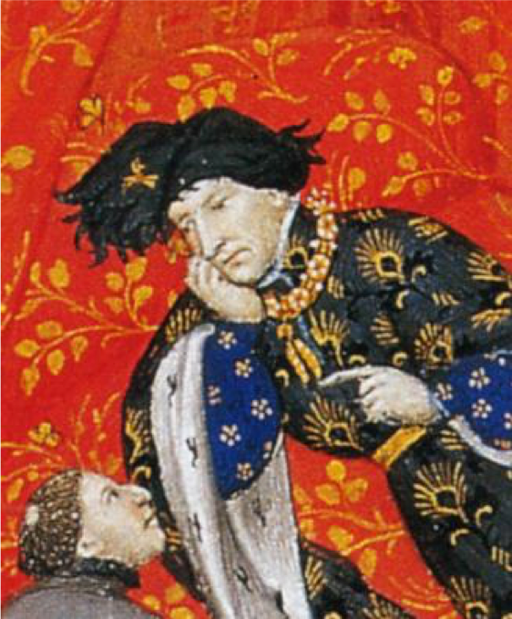 Charles VI portant le collier de la Cosse de gen&ecirc;t.&nbsp;Pierre Salmon,&nbsp;Dialogues, Gen&egrave;ve, BM,&nbsp;Ms. fr. 165, fol. 7.