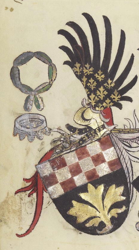 Le collier de la Cosse de gen&ecirc;t, expos&eacute; aux c&ocirc;t&eacute;s du Camail des Orl&eacute;ans et du SS Collar des Lancastre sur les armes du seigneur de Cacumine, chevlier du duc de Brieg (Briga).&nbsp;De Ministerio Armorum, Manchester, J. Rylands Lib., Ms. Lat.&nbsp;II8, fol.&nbsp;149
