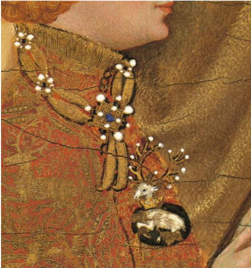 D&eacute;tail du collier de la Cosse de gen&ecirc;t de Richard II. Diptyque Wilton, Londres National Gallery, vers 1396.