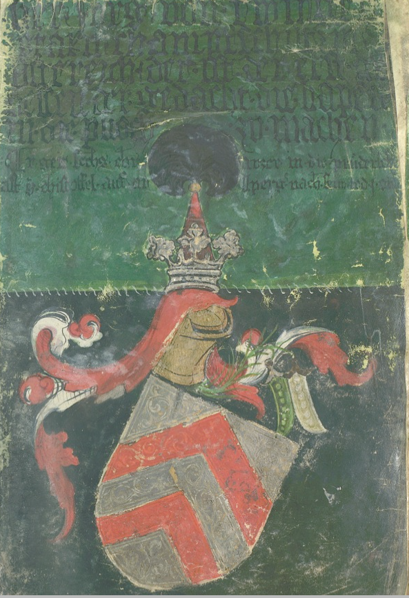 Un chevalier germanique portant la cosse de gen&ecirc;t. Armorial de Saint-Christophe de l'Arlberg (Wien, Haus-, Hof- und Staatsarchiv, Weiss 242. f. 27)
