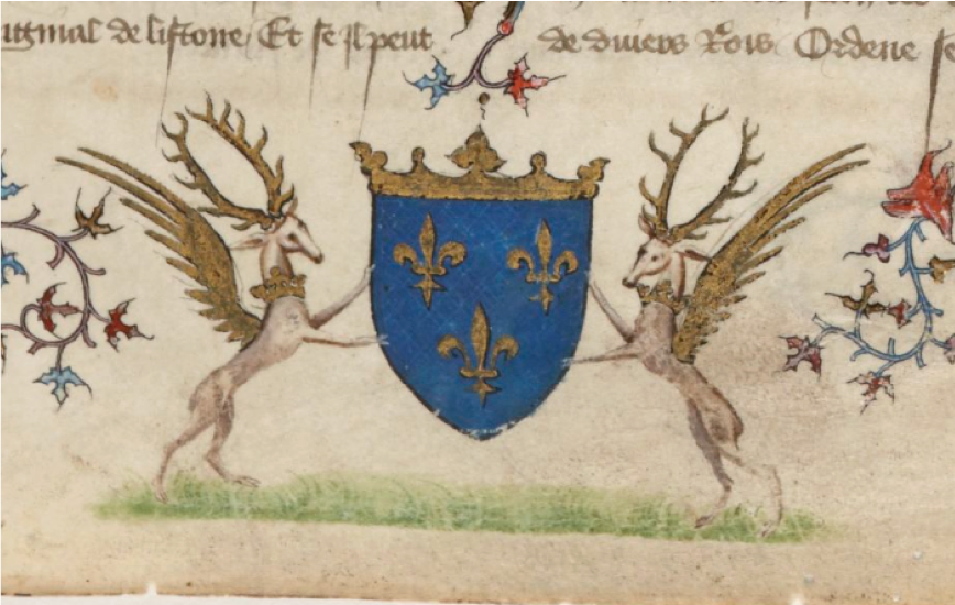 Les cerfs, supports h&eacute;raldiques.&nbsp;Grandes chroniques de France, Paris, BnF, Ms. Fr. 2608, vers 1390 .png