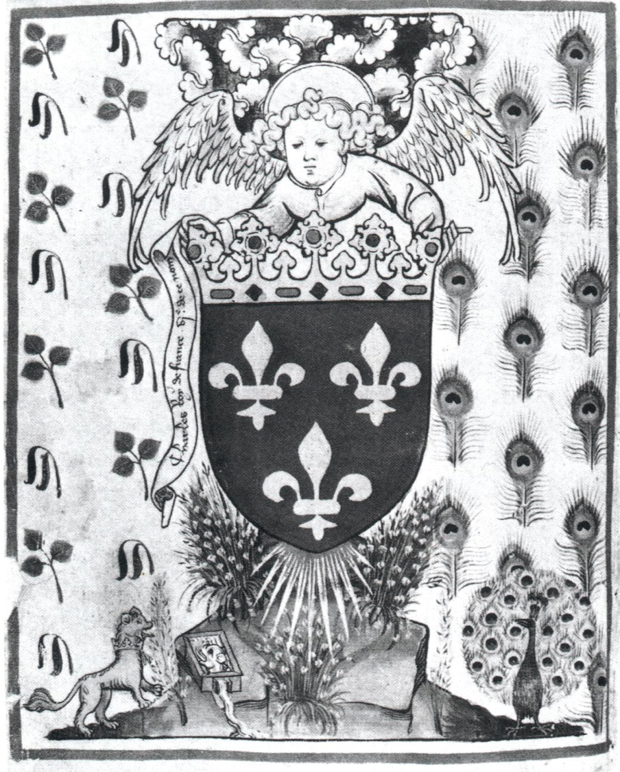 La devise du rais de soleil sur le frontispice de&nbsp;l&rsquo;Armorial de la Cour Amoureuse&nbsp;de Vienne (Vienne, Osterreichisches Staatsarchiv, Archiv des Ordens vom Goldenen Vlies, Cod. 51, fol. 2v&deg;).