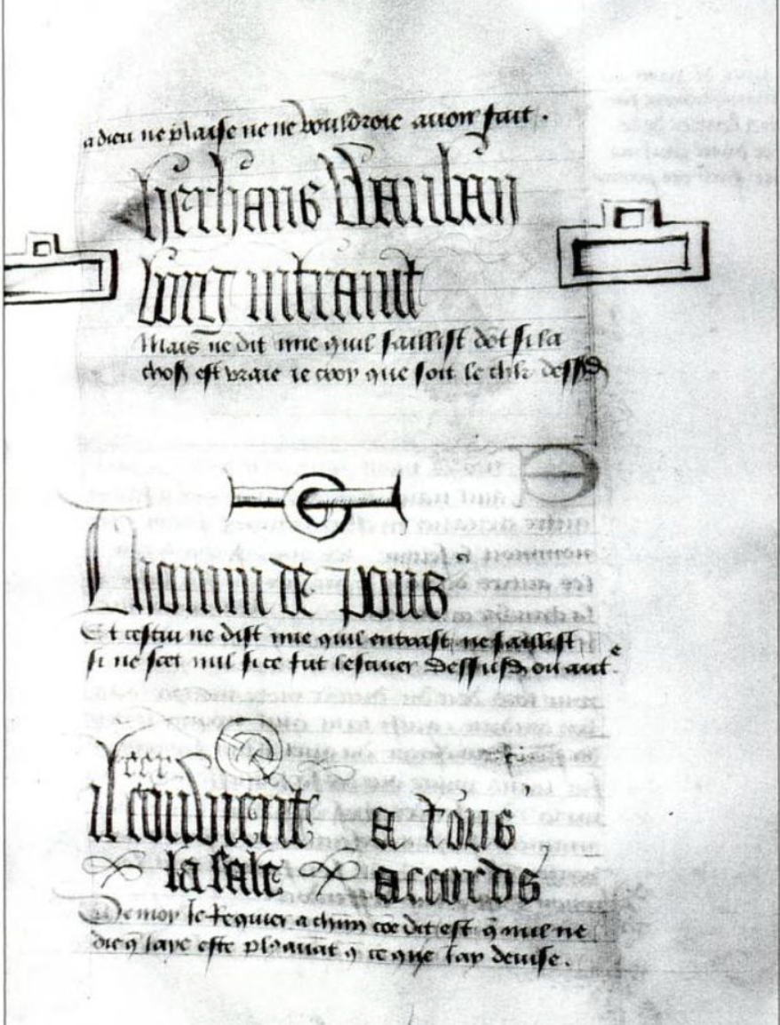 Fac-simil&eacute; des graffitis laiss&eacute;s dans la grotte de la Sibylle.&nbsp;Paradis de la Reine Sibylle, Chantilly, Mus&eacute;e Cond&eacute;, ms. 653, fol. 21v.