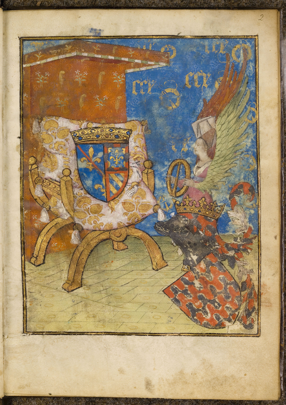 Armes et devises d'Antoine de la Sale et d'Agn&egrave;s de Bourgogne.&nbsp;Paradis de la Reine Sibylle, Chantilly, Mus&eacute;e Cond&eacute;, ms. 653, fol. 2.