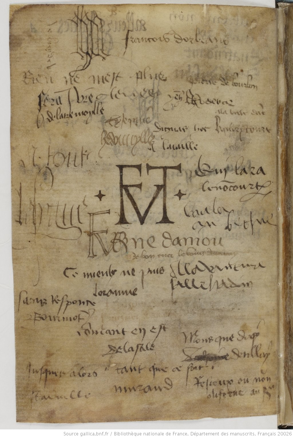 Liber amicorum&nbsp;sur un recueil des oeuvres d'Alain&nbsp;Chartier de Marie de Cl&egrave;ves (Paris, Bnf, Ms. fr. 20026, fol. Av.)