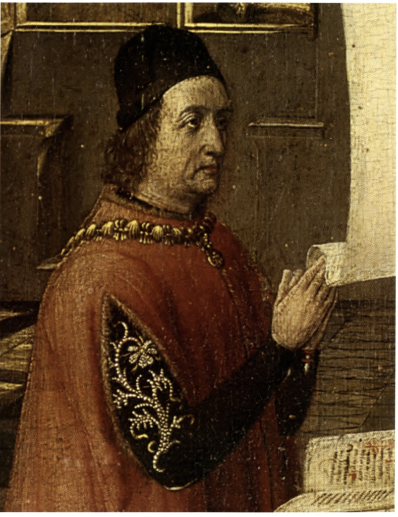 portrait peint de Phiilippe Pot (d&eacute;tail), en pri&egrave;re devant la Vierge,&nbsp;autrefois &agrave; Notre-Dame de Dijon et identifi&eacute; par Jean-Bernard de Vaivre &agrave; l'occasion de sa vente en 2004