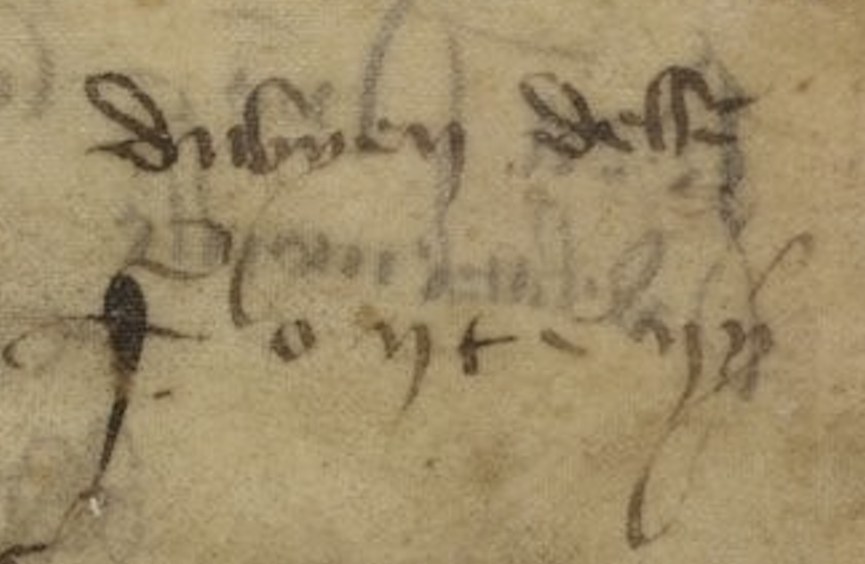 Le mot DU BIEN DELLE dans les signatures du Liber amicorum des premiers folios du Chartier de Marie de Cl&egrave;ves. Paris, Bnf, Ms. fr. 20026, fol. Av.