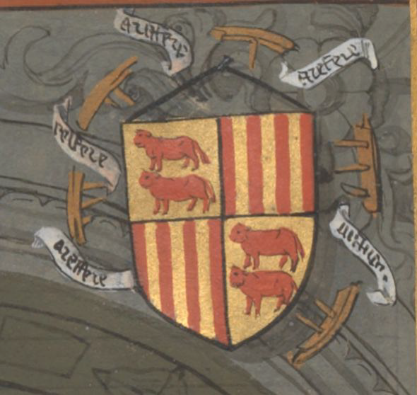 Les armes de Gaston IV entour&eacute;es de sa devise : une roue bris&eacute;e associ&eacute;e au mot A REFAIRE. (Ren&eacute; d&rsquo;Anjou, Livre du Coeur d&rsquo;Amour &eacute;pris, Paris, Bnf, Ms. Fr. 24399, fol. 89)