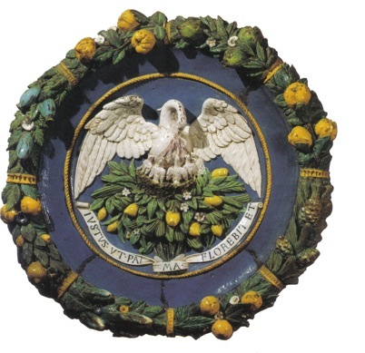 La devise du palmier associée à celle du pélican et au mot IUSTUS UT PALMA FLOREBIT interprétée par l’atelier Della Robia vers 1495.